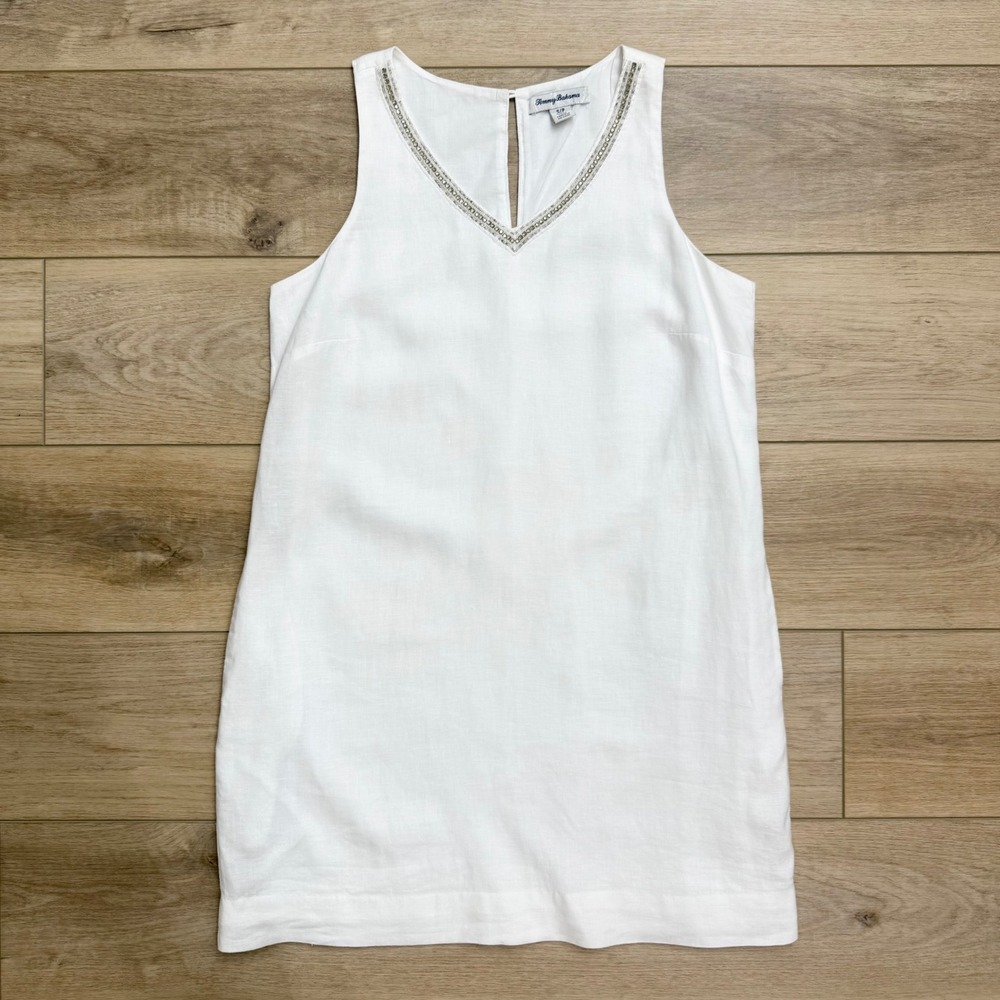 Tommy Bahama White Linen Beaded V-Neck Shift Dress Sleeveless Pockets S Bridal